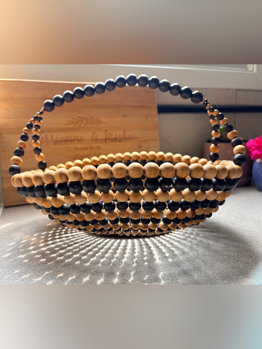 Vintage Mid-Century Wooden Beaded Basket / Boho Fruit Bowl